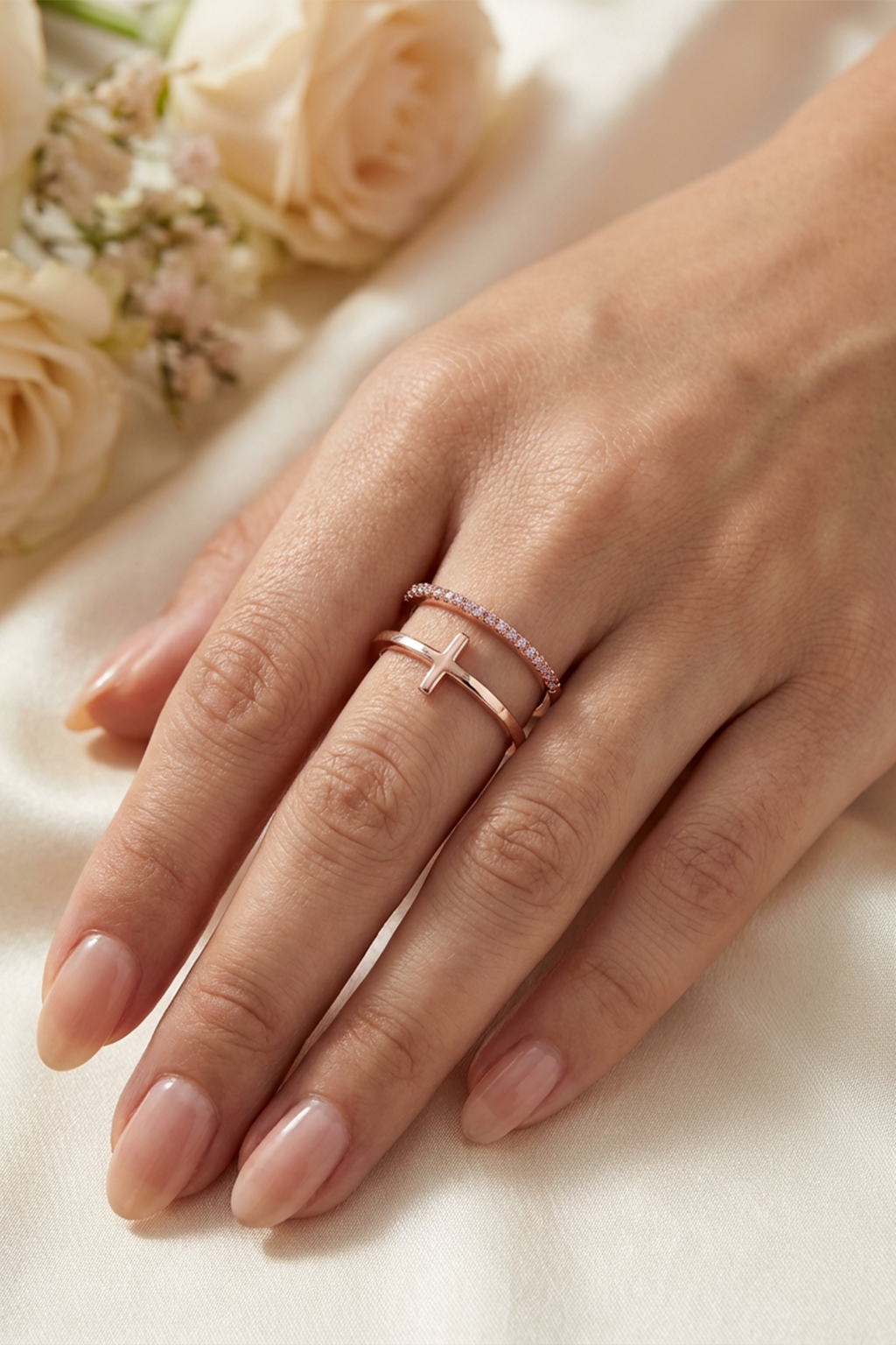 Double Bague Croix - Or Rose Et Zirconium