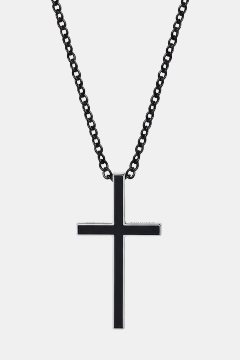 Men's Cross Necklace Black and Silver Cross