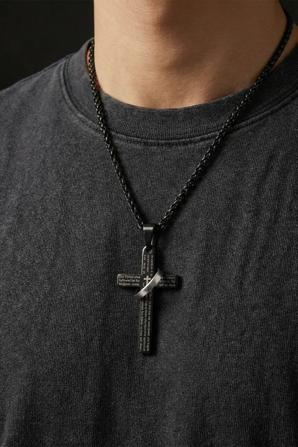 Collier Croix Noir - Prière Du Seigneur
