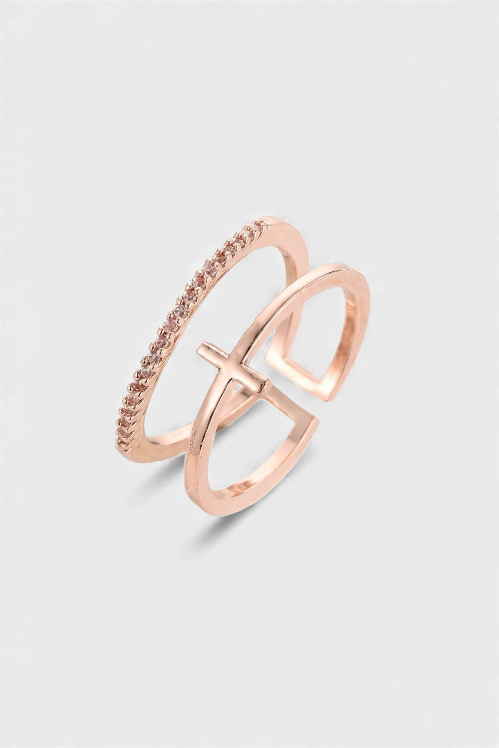 Double Bague Croix - Or Rose Et Zirconium